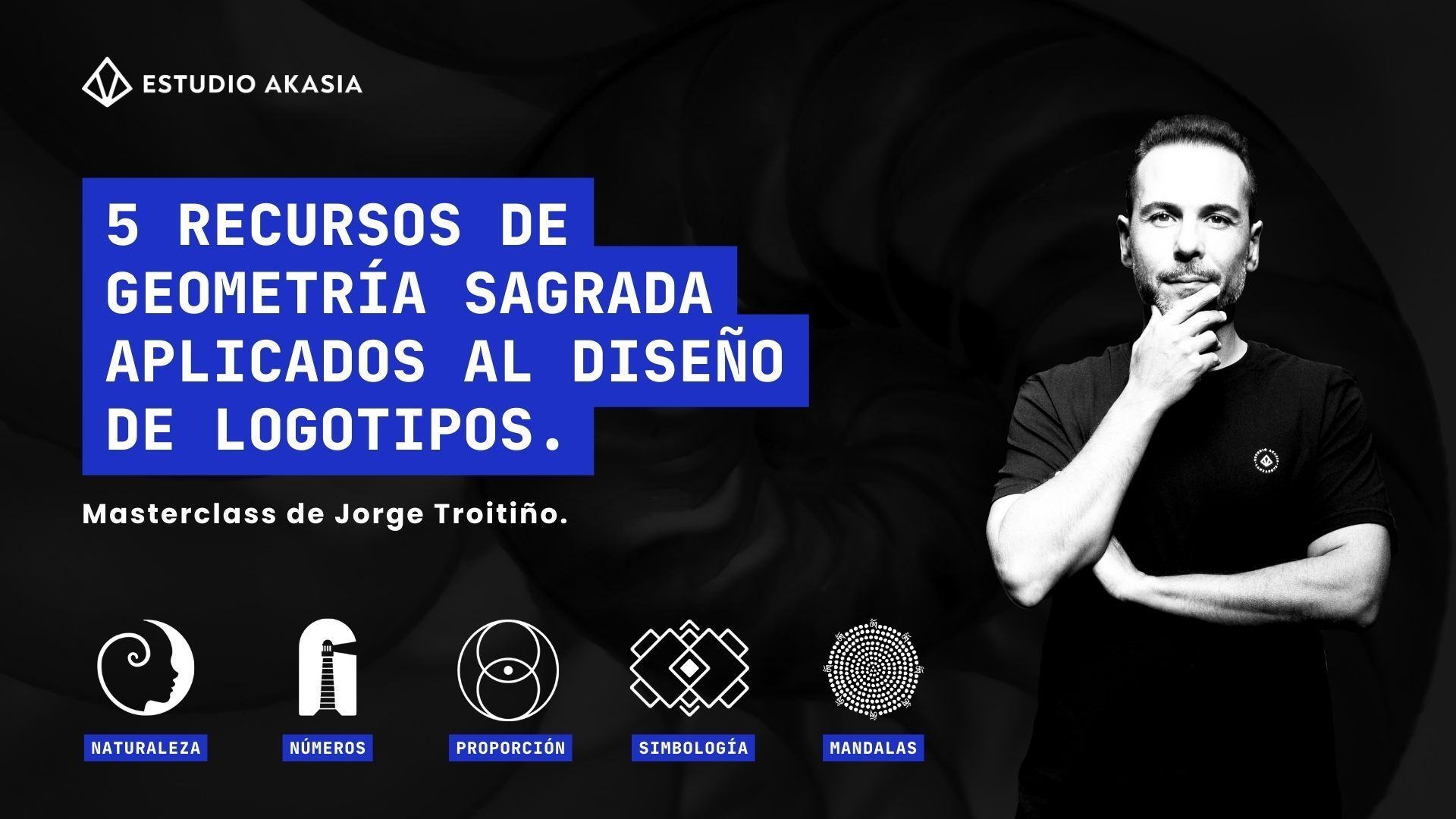 Vemos el titulo de la entrada 5 RECURSOS DE GEOMETRÍA SAGRADA APLICADOS AL DISEÑO DE LOGOTIPOS y a Jorge Troitiño a un lado de la imagen, junto con diseños de logotipos con geometria sagrada